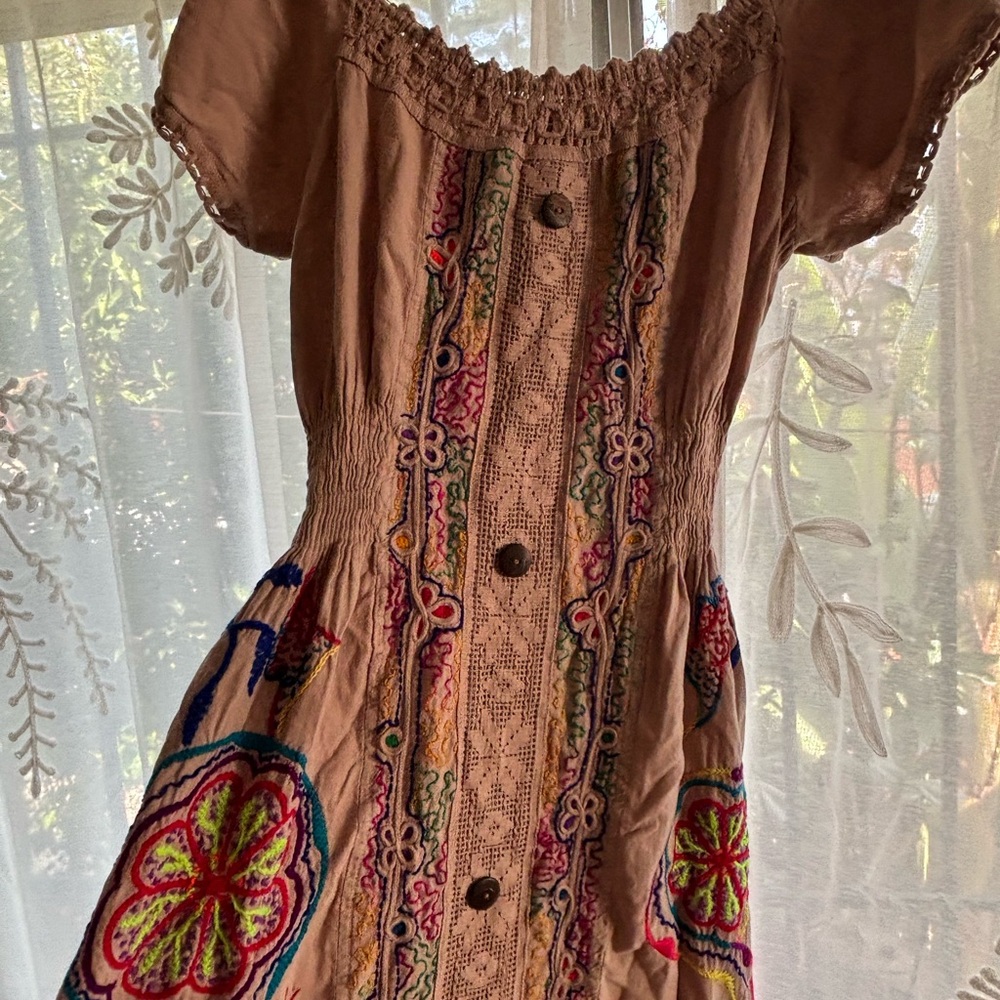 Shipibo ayahuasca embroided light Brown Dress with Multicolor Accents